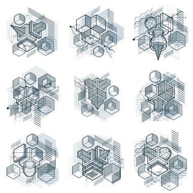 Soyut itmeyi arka planlar, 3B vektör düzeni. Besteleri küpleri, Altıgenler, kareler, dikdörtgenler ve farklı soyut öğeler. Vektör toplama.