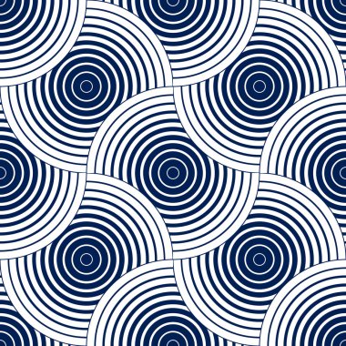 Geometrik dikişsiz desen, soyut döşeme arkaplanı, vektör sonsuz duvar kağıdı çizimi. Üst üste binen daireler acayip bir tema. Tek renk, siyah ve beyaz. Kumaş, duvar kağıdı, ambalaj, ağ ve baskı için kullanılabilir.