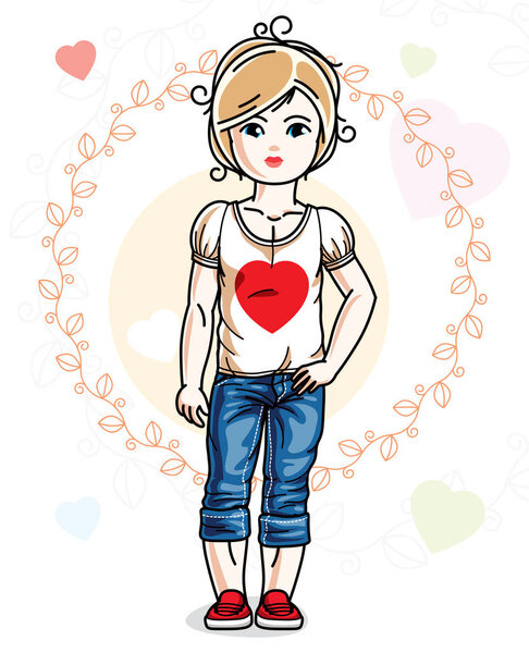 Beautiful little blonde girl posing on colorful backdrop with romantic hearts. Vector kid illustration.