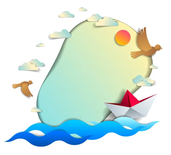 美しいビーチとヤシの木 コピースペースとのフレームや国境で海の波で泳ぐ紙船 海に浮かぶ折り紙のおもちゃのボート 風光明媚な海景 空の鳥や雲 ベクトル — ストックベクタ