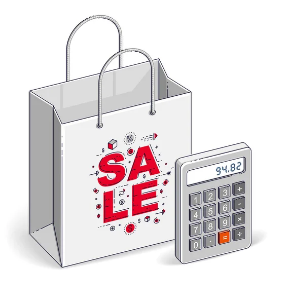 Boodschappentas Met Calculator Grote Verkoop Sellout Retail Black Friday Korting — Stockvector