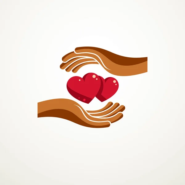 愛の簡単なベクトルのロゴまたは赤い光沢のある心と手を保護ケアで作成されたアイコンのカップル 男と女 彼氏と彼女の入札と愛情の関係 — ストックベクタ
