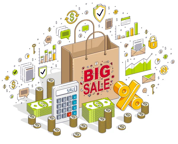 Концепция Big Sale Retail Sellout Shopping Bag Наличными Деньгами Стеллажами — стоковый вектор