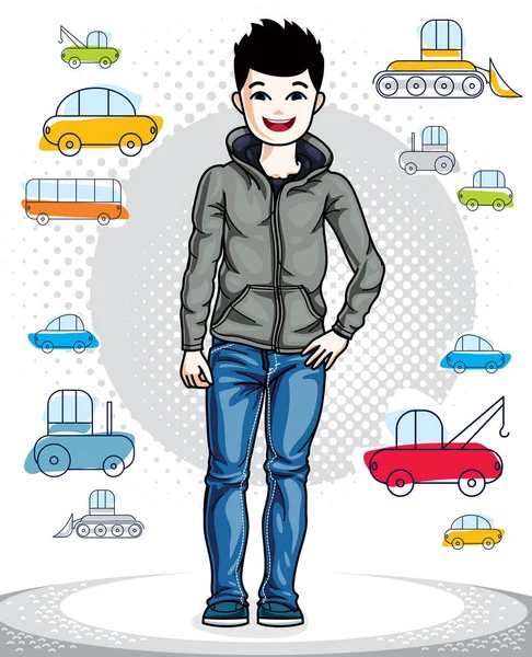 Beautiful nice young teenager boy posing wearing fashionable casual clothes. Vector kid illustration. Childhood lifestyle clip art.