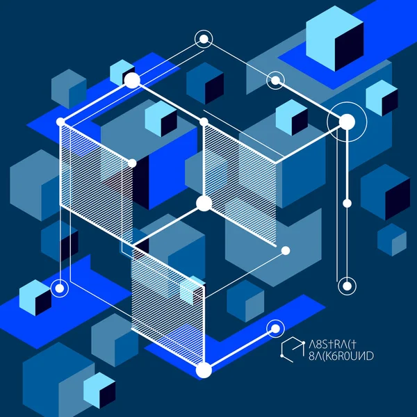 Isometrische Abstract Donker Blauwe Achtergrond Met Lineaire Dimensionale Kubus Vormen — Stockvector