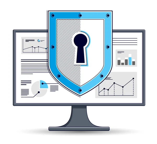 Schild Computermonitor Privégegevens Veiligheidsconcept Antivirus Firewall Bescherming Van Financiën Vector — Stockvector