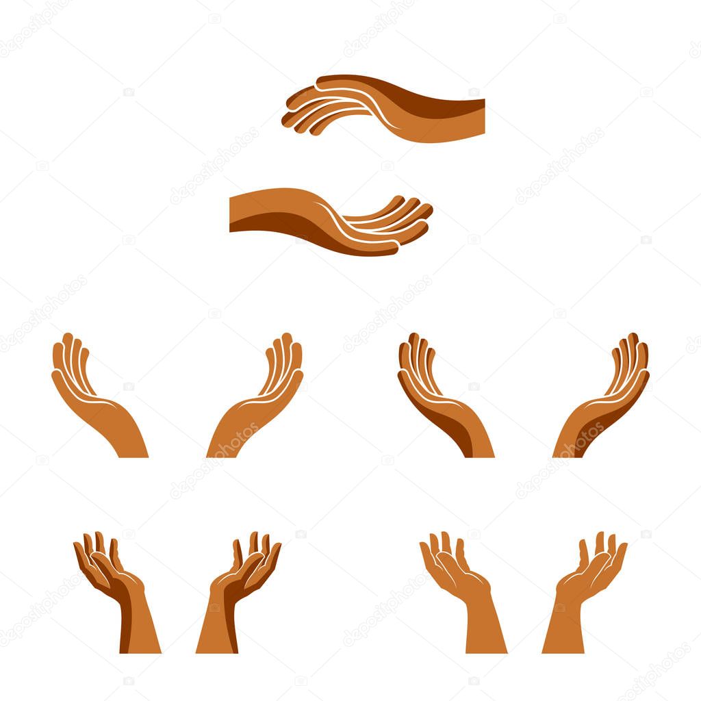 Protecting Hands of care, tender and defending human hands vector designs set, with a copy space inside for your element or text.