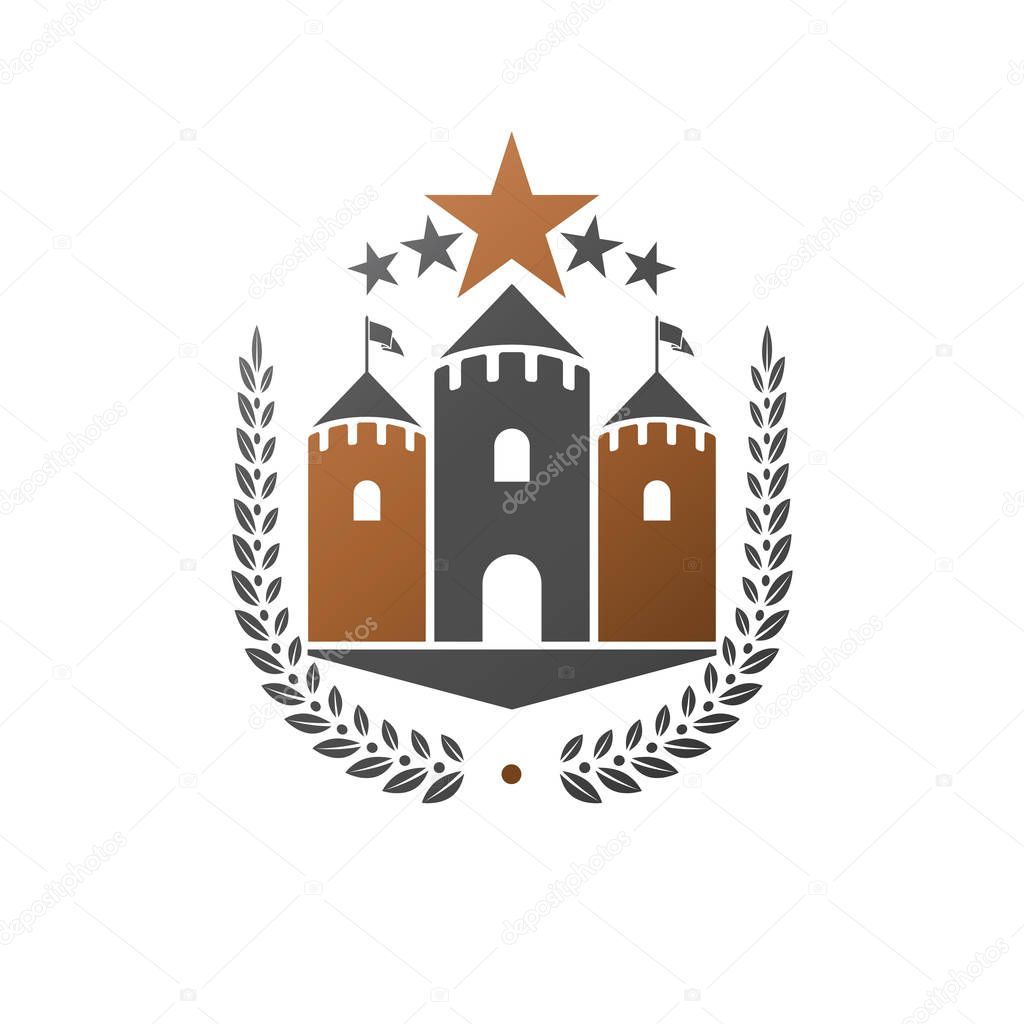 Ancient Castle emblem. Heraldic Coat of Arms decorative logo isolated vector illustration. Ornate logotype in old style on white background.