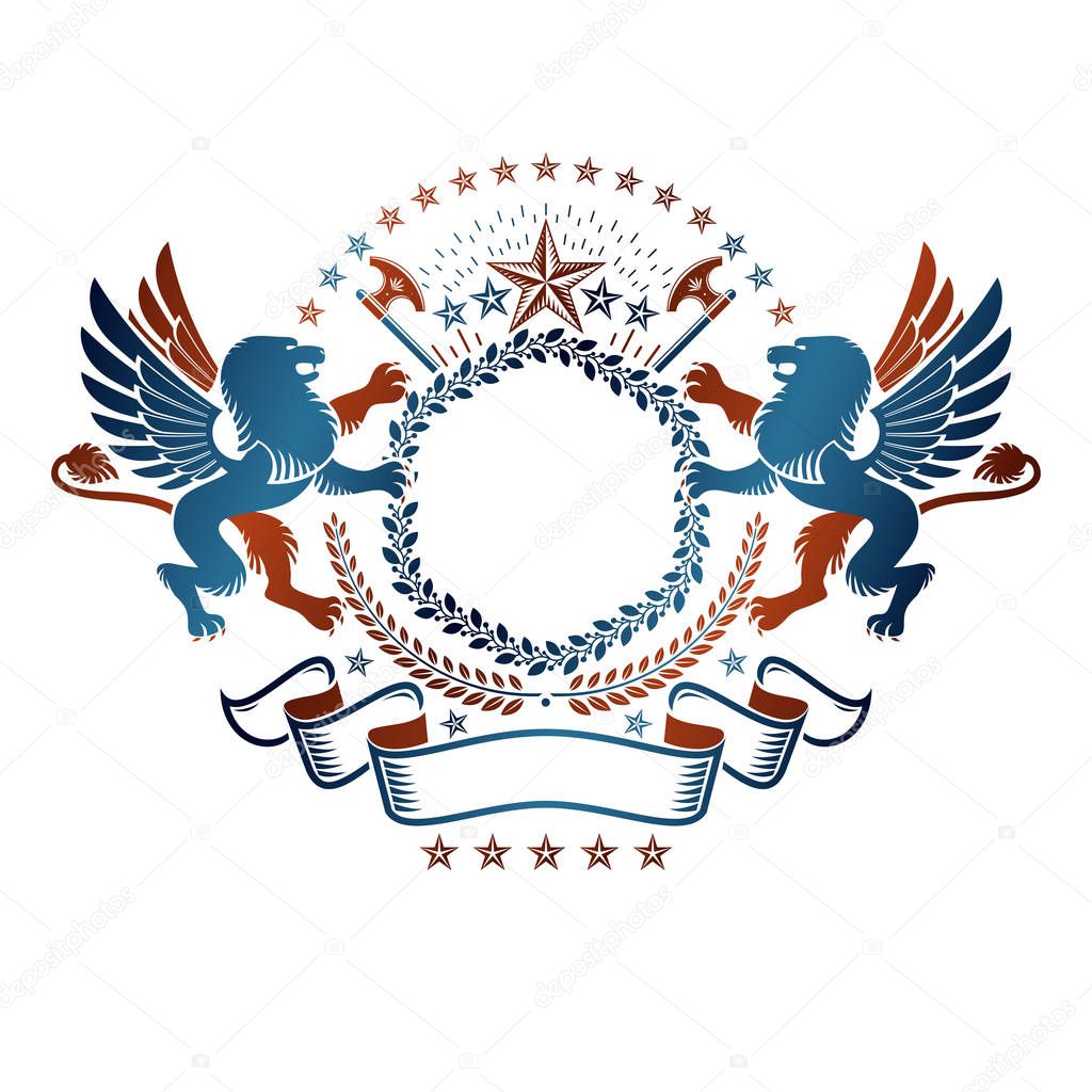 Graphic emblem with Lion heraldic animal element, pentagonal star and hatchets. Heraldic Coat of Arms decorative logo isolated vector illustration.