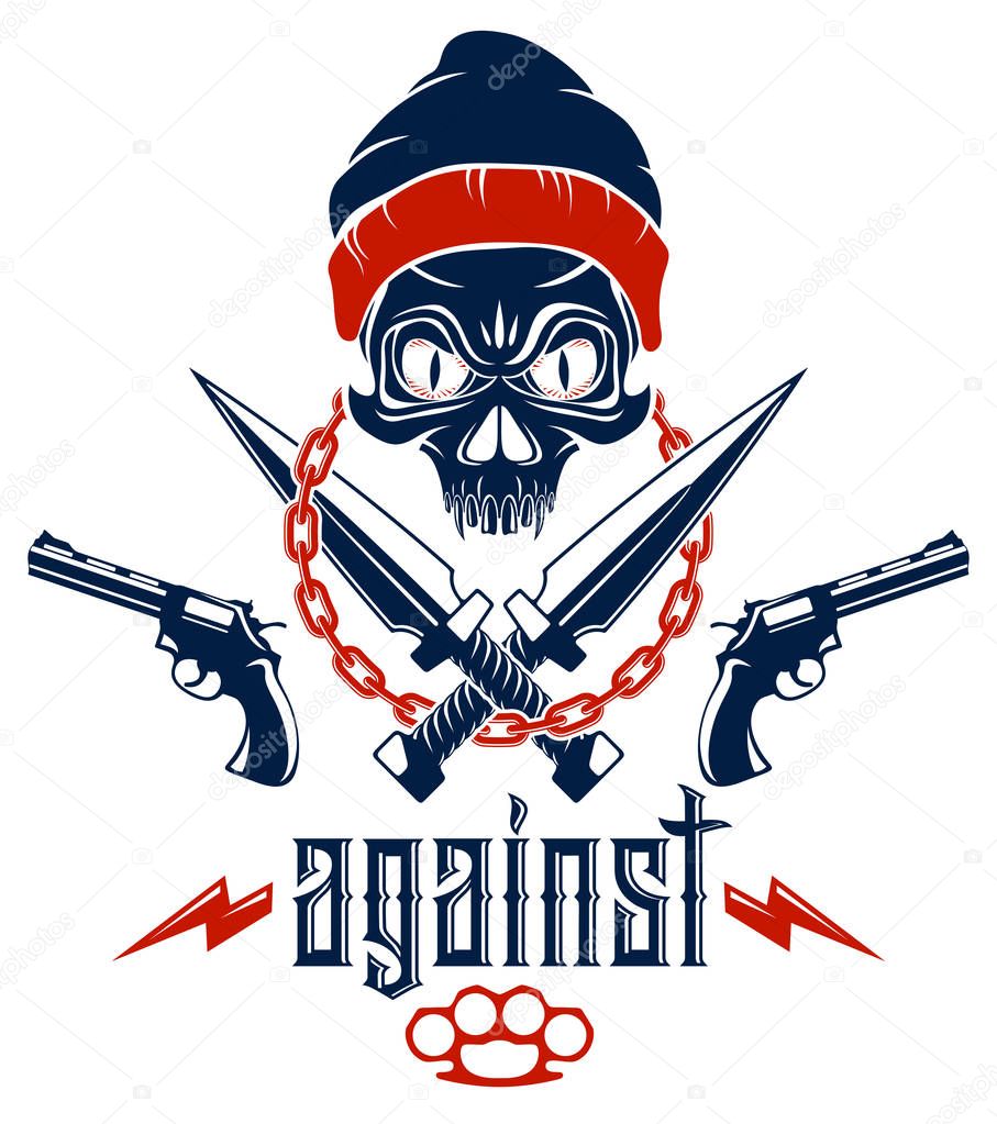 Anarchy and Chaos aggressive emblem or logo with wicked skull, weapons and different design elements , vector vintage scull tattoo, rebel gangster criminal and revolutionary.