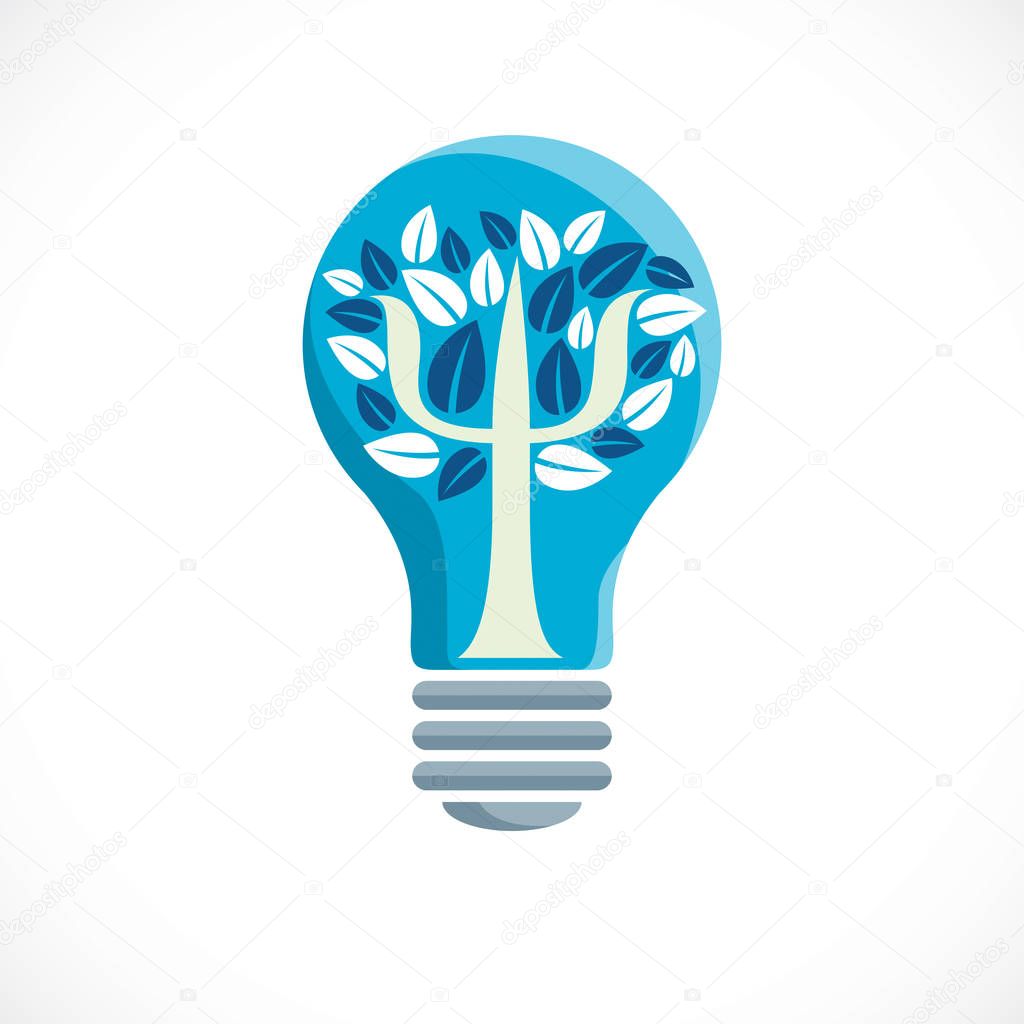 Psychology concept vector logo or icon created with Greek Psi symbol as a tree with leaves inside of idea light bulb, mental health concept, psychoanalysis analysis and psychotherapy therapy.