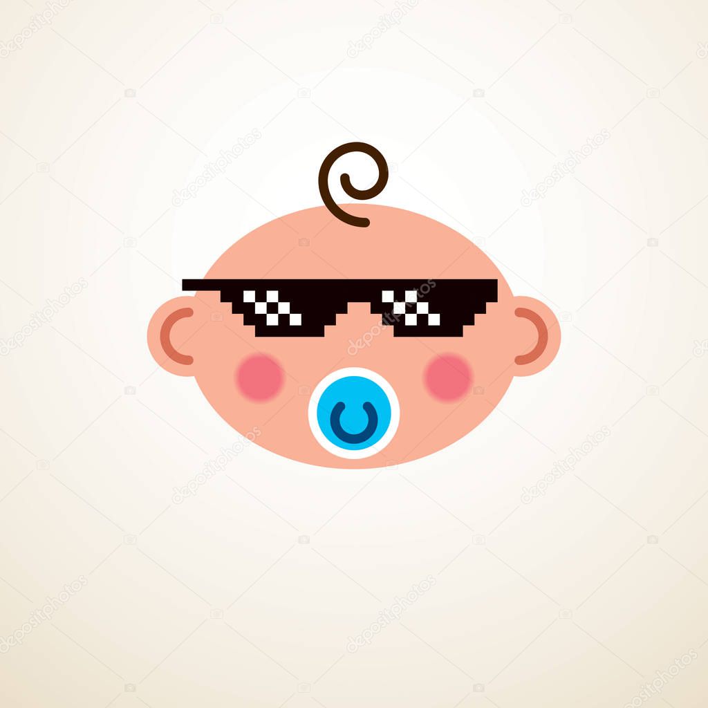 Cute baby cartoon vector flat icon, adorable happy and child with nipple and pixel glasses of life thug emoji.
