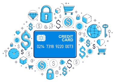 Kredi kartı ve finansal simge seti, bankacılık kredisi veya depozitosu, alışveriş ve pazar ödemeleri, çevrimiçi ticaret kuyusu, mali faaliyet vektör tasarımı.