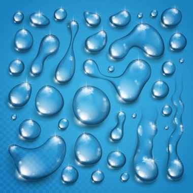 Water drops set vector realistic 3d elements collection, transparent dew condensation drops over transparency checker mesh, prepared to put over blue background. clipart