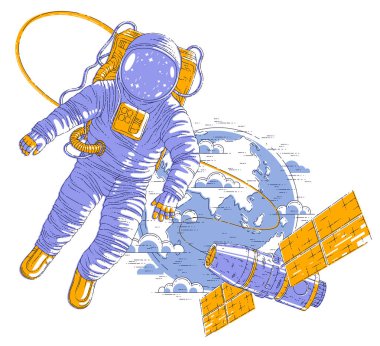 Açık alanda uçan uzaylı uzay istasyonu ve dünya gezegen arka plan, astronot adam veya kadın onun arkasında ağırlıksız ve ISS uzay aracı yüzen uzay giysisi içinde bağlı. Vektör.