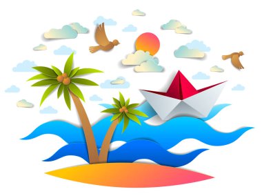 Kağıt gemi deniz dalgaları ile güzel bir plaj ve avuç içi, origami katlanmış oyuncak kuş ve bulutlar gökyüzünde güzel doğal deniz manzarası ile okyanusta yüzen tekne Yüzme, vektör.