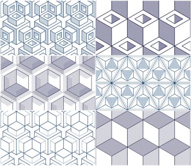 Geometrik küpler soyut dikişsiz desenler seti, 3d vektör arka planlar koleksiyonu. Teknoloji tarzı mühendislik hattı sonsuz çizimler çizim. 