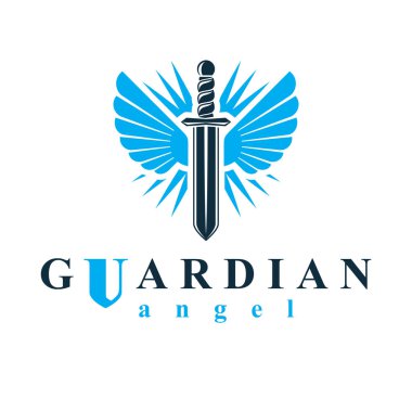 Vektör grafik illüstrasyon kuş kanatları ile oluşan kılıç savaş ve özgürlük metafor sembolü. Koruyucu melek vektör soyut amblemi.