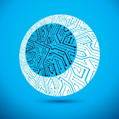 Teknoloji cihazının elektronik bileşenlerine sahip yuvarlak devre kartı. Bilgisayar ana kartı sibernetik soyutlaması.