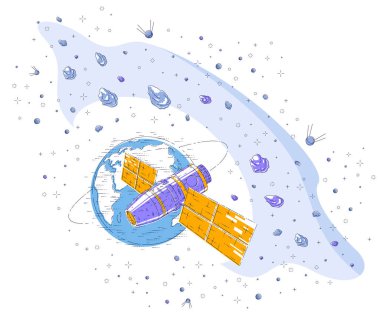 Dünya 'nın yörüngesinde dönen uzay istasyonu, uzay aracı güneş panelleri, yapay uydu, göktaşı yağmuru ve yıldızların altında. İnce çizgi 3d vektör çizimi.