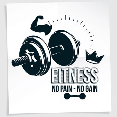 Güç kaldırma yarışma afişi. Disk ağırlığı dumbbell spor ekipmanları ve kraliyet taç ile kas vücut geliştirmekolu Vektör kompozisyon. Acı yok, kazanç yok yazmak yok..