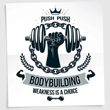 Güçlü kas geliştirici kol ve dambıl spor ekipmanları ile yaratılmış ağır yük kaldırma şampiyonluğu vektör reklam afişi. Zayıflık bir seçimdir..