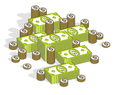 Nakit para doları yığınlar ve para kuruş kazık izole beyaz arka plan üzerinde. 3D izometrik iş ve finans illüstrasyon vektör, ince çizgili Tema.