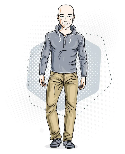 英俊无毛的年轻人构成现代背景 男性穿着牛仔裤和套衫的矢量插图 生活方式主题剪贴画 — 图库矢量图片