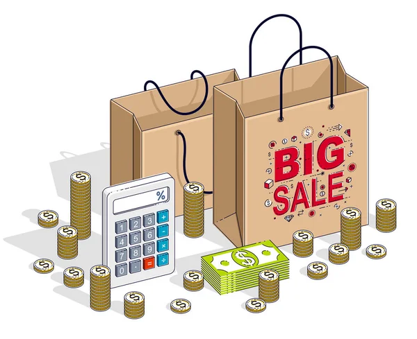 Big Sale Koncepció Retail Sellout Bevásárlótáska Készpénz Halom Számológép Elszigetelt — Stock Vector