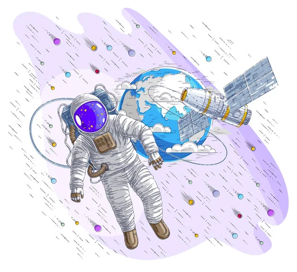 Astronaut Der Freien Weltraum Fliegt Verbunden Mit Raumstation Und Erde — Stockvektor