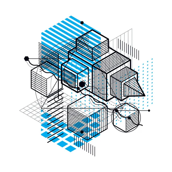 İzometrik hatları ile arka plan, illüstrasyon vektör. Küpleri, Altıgenler, kareler, dikdörtgenler ve farklı soyut öğeler ile yapılan şablonu.