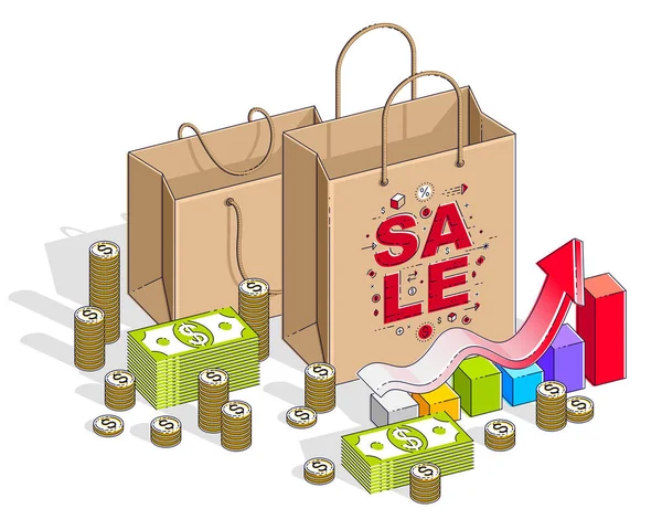 Grote Verkoop Concept Retail Sellout Boodschappentas Met Cash Geld Stapels — Stockvector