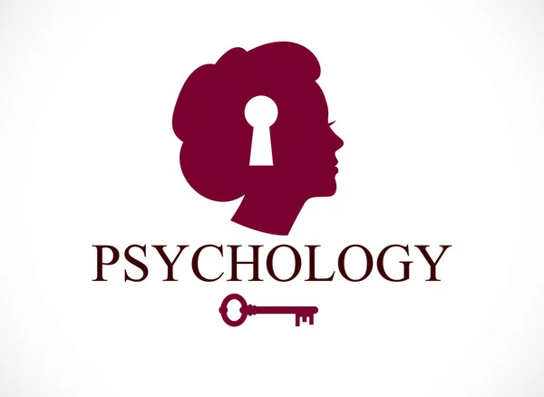 Psychology and mental health concept, created with woman head profile and keyhole, psychoanalysis as a key to human nature, individuality and psychic problems. Vector logo or icon design.