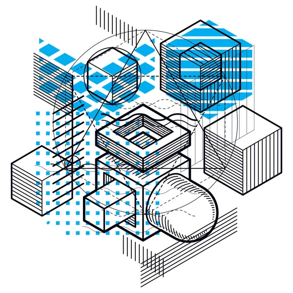 Astratto Composizione Forme Sfondo Isometrico Vettoriale Composizione Cubi Esagoni Quadrati — Vettoriale Stock