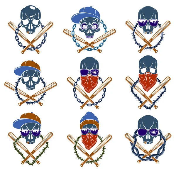 Gengszter Embléma Logó Vagy Tetoválás Agresszív Koponya Baseball Denevérek Egyéb — Stock Vector