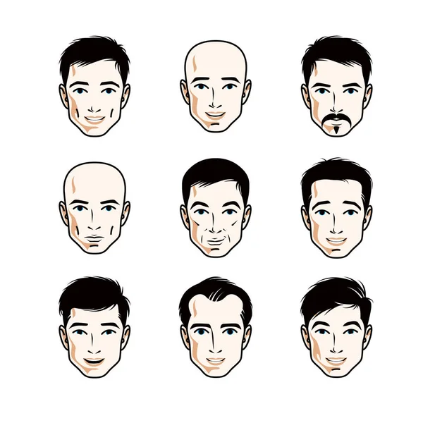 Männergesichter Menschenköpfe Verschiedene Vektorcharaktere Wie Brünett Glatzköpfig Mit Schnurrbart Oder — Stockvektor