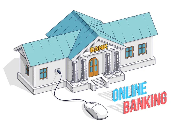 Концепция Онлайн Банкинга Здание Банка Компьютерной Мышью Подключенной Белом Фоне — стоковый вектор