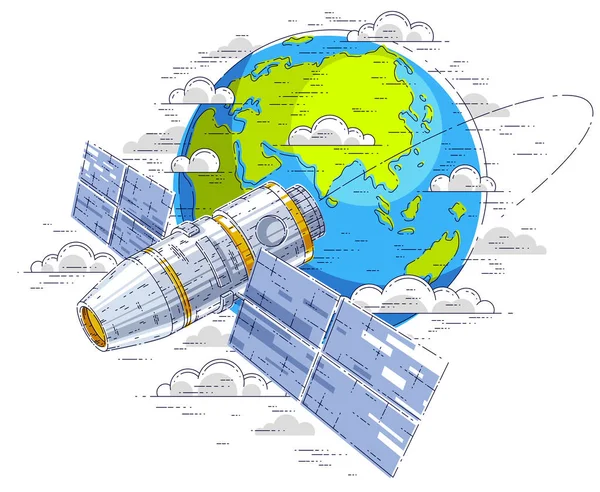 Station Spatiale Orbite Autour Terre Vol Spatial Vaisseau Spatial Iss — Image vectorielle