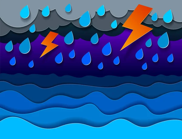 Tormenta Con Relámpagos Sobre Mar Con Olas Con Curvas Tiempo — Vector de stock