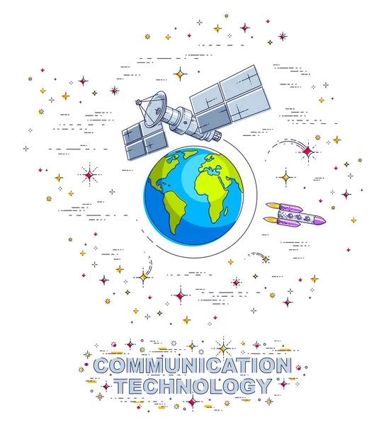 Satelita Latający Orbitalny Lot Wokół Ziemi Technologia Komunikacyjna Kosmicznych Stacji — Wektor stockowy