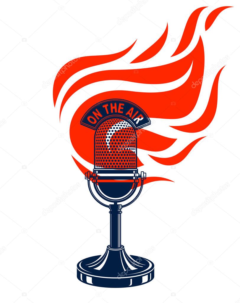 Vintage microphone on fire, hot mic in flames, studio recording music, on the air typing, vector logo or illustration, live radio translation, standup comedy, t-shirt print.