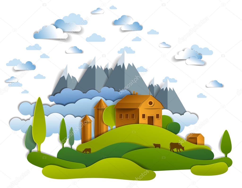 Farm in scenic landscape of fields and trees, mountains peaks and country buildings, clouds in sky, cow milk ranch, countryside lazy summer time vector illustration in paper cut style.    