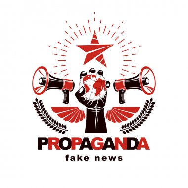Hoparlörlerden oluşan sunum posteri, kaldırılmış kol Dünya küresi, vektör illüstrasyonu. Propaganda küresel manipülasyon ve kontrol aracı olarak.