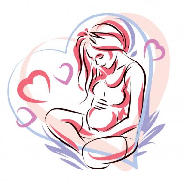Hamile kadın kalp şekli çerçeve elle çizilmiş vektör çizim tarafından güzel Bayan hafifçe karnına dokunmak çevrili. Sevgi ve hassasiyet kavramı.