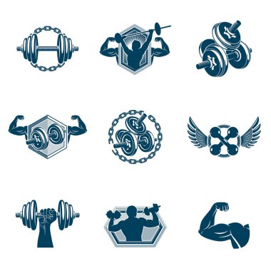 Halterler, halterler ve disk ağırlıkları spor ekipmanları ile oluşturulan vektör çapraz uyum ve fitness tema illüstrasyonlar seti. Kaslı atlet vücut silueti.