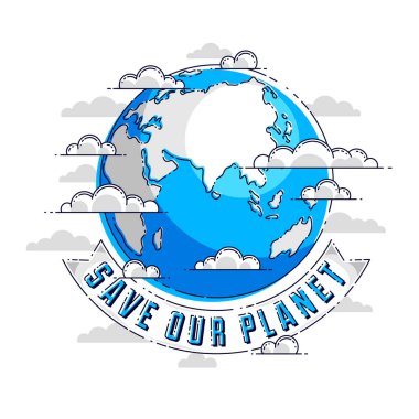 Dünyayı kurtar, gezegenimizi koru, ekolojik ekoloji, iklim değişiklikleri, 22 Nisan Dünya Günü, kurdeleli ve daktilo vektörü amblemli gezegen, ya da beyaz arkaplan üzerinde izole edilmiş illüstrasyon.