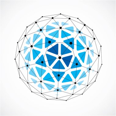 üçgen esaslarını kullanarak yapılan 3d vektör dijital tel kafes küresel nesne. Satırları mesh ile oluşturduğunuz geometrik poligonal yapısı. Web tasarımında kullanılacak düşük Poli şekli, mavi kafes form.