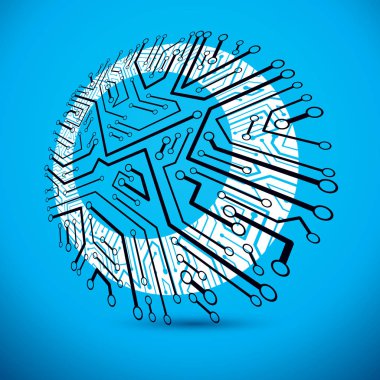 Teknoloji cihazının elektronik bileşenlerine sahip yuvarlak devre kartı. Bilgisayar ana kartı sibernetik soyutlaması.