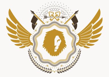 Kuş kanatları ve vahşi aslan, vektör illüstrasyon gibi grafik öğeleri kullanılarak yapılan heraldic amblem.