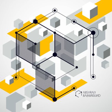 Yaratıcı geometrik sanat geometrik öğeleri sarı arka plan, vektör çizim çeşitli ile. Perspektif planı mekanizması, düzen. Tasarım projeleri için mükemmel arka plan